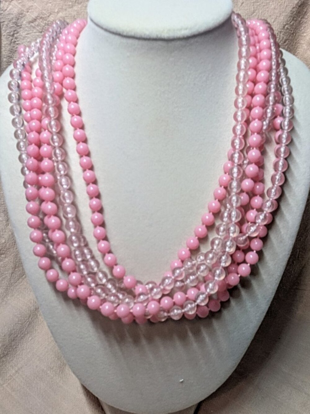 Vintage Pink & Clear Multi Strand Beaded Necklace 24" Gold Tone Clasp